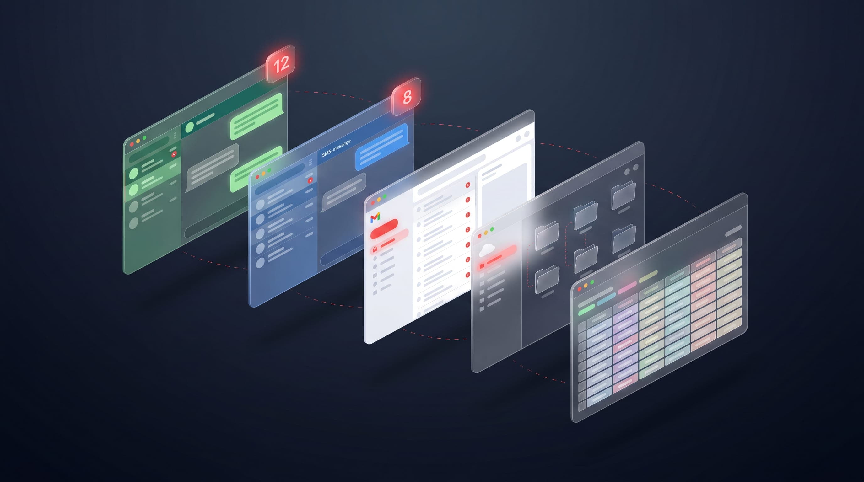 Étape 1 : multitude d'outils dispersés au quotidien (WhatsApp, SMS, email, Drive, Sheets)