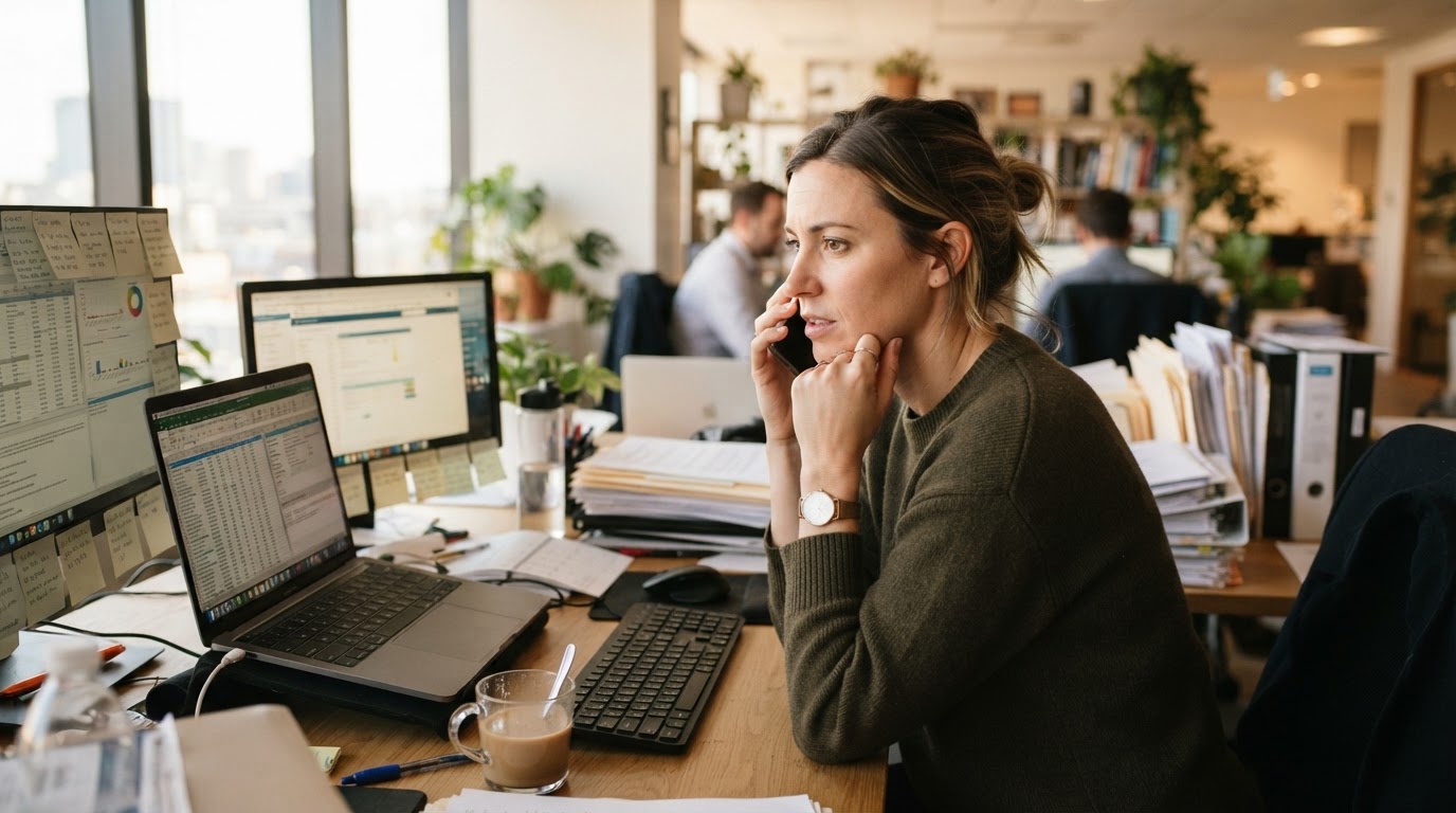 Gestionnaire au telephone devant un tableur et des dossiers papier
